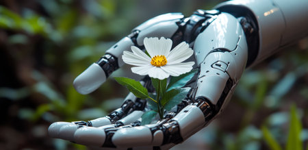 Humanoid robot gently holds a flower representing peace and harmony with humanityの素材