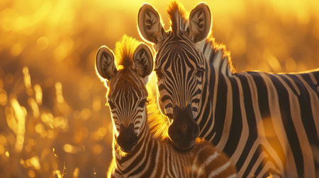 Zebras Resting Together During Golden Hour in an African Savanna Setting, Showcasing Their Striking Stripes and Bond, With Warm Sunlight Illuminating the Scene. Generative AIの素材
