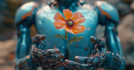 Humanoid robot holds a vibrant flower symbolizing peace and harmony with humanityの素材