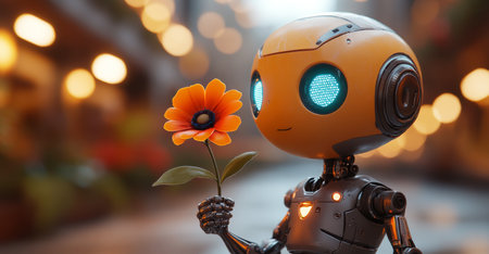 Humanoid robot holding flower symbolizing peace and connection with humanityの素材