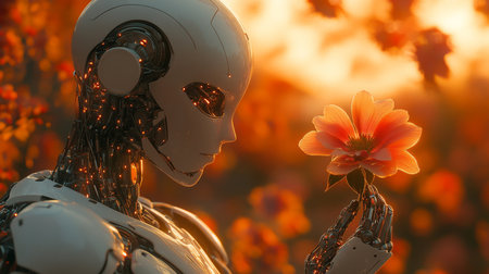 Humanoid robot cherishes a flower in a peaceful, blossoming environment during sunsetの素材