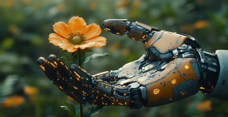 Humanoid robot extends hand toward a blooming flower in a serene garden settingの素材