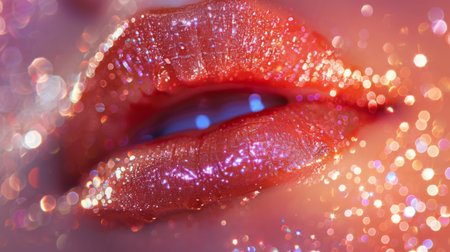 Close up View of Glittering Lips Adorned With Sequins and Sparkles Under Bright Lighting. Generative AIの素材