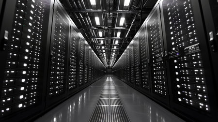 Data Center Corridor Filled With Server Racks Illuminated by Overhead Lights During Night Hours. Generative AIの素材