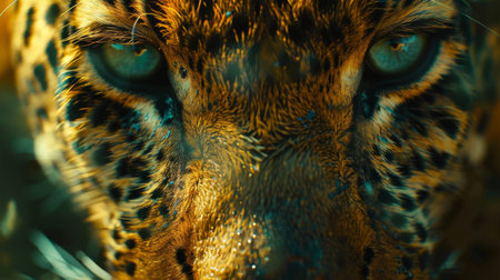 Close up View of a Leopards Striking Eyes and Detailed Fur Patterns in a Lush Natural Habitat Showcasing Wildlife Beauty. Generative AIの素材