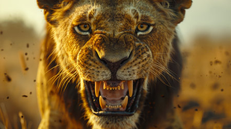 Wild Lion Roaring Fiercely in a Sunlit Savannah Landscape Showcasing Raw Power and Primal Energy During Golden Hour. Generative AIの素材