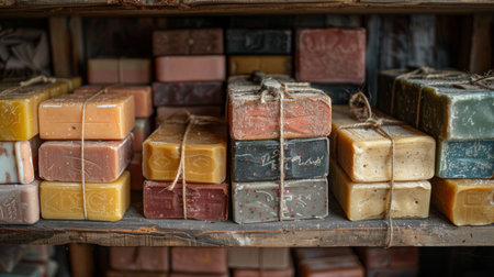 Colorful Handmade Soap Bars Arranged Neatly on Wooden Shelves in a Local Artisanal Shop Creating a Vibrant and Inviting Atmosphere. Generative AIの素材