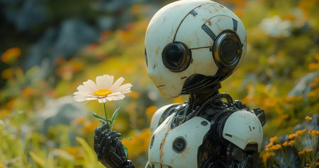 Humanoid robot holding a flower in a serene landscape symbolizing peace and harmonyの素材