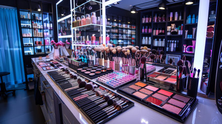 Cosmetic Store Interior Displaying a Wide Variety of Makeup Products and Tools in a Well Organized and Brightly Lit Space. Generative AIの素材