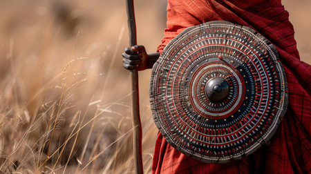 Colorful Maasai Warrior Holding a Traditional Shield in the Savannah of Kenya During Sunset, Showcasing Cultural Heritage and Rich Traditions Inherent to the Community. Generative AIの素材