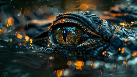 Close up View of a Crocodile Eye Reflecting Shimmering Lights in a Rain Soaked Environment During Twilight Hours. Generative AIの素材