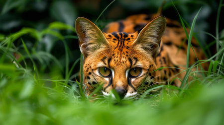 Serval Cat Stealthily Stalking Prey in Lush Green Grass During Daylight Hours in a Natural Habitat. Generative AIの素材