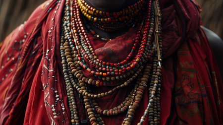 Traditional Attire and Jewelry Display During Cultural Celebration in an African Village Showcasing Unique Craftsmanship and Heritage. Generative AIの素材