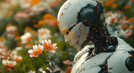 Humanoid robot admires a flower in a vibrant garden of blossoms showcasing harmony with natureの素材