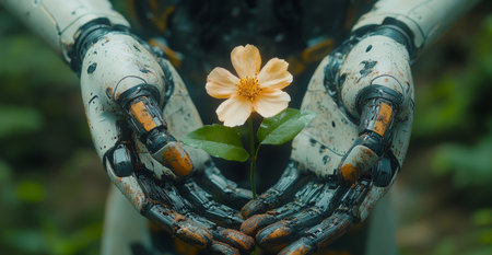 Humanoid robot holds a delicate flower symbolizing peace and humanity in a lush environmentの素材