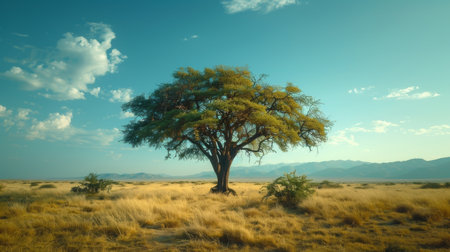 Majestic Tree Stands Alone in Vast Savanna Landscape Under a Clear Blue Sky Amidst Scattered Clouds During Golden Hour. Generative AIの素材