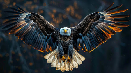 Majestic Bald Eagle Soaring Gracefully Through the Air With Fully Extended Wings in a Forested Background During Golden Hour. Generative AIの素材