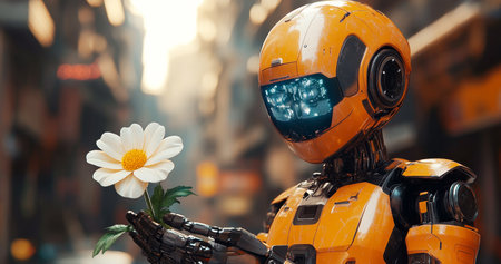 Humanoid robot holding a flower symbolizes peace and harmony in a futuristic cityの素材