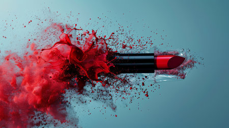 Vibrant Red Lipstick Bursting Through Colorful Powder Clouds in a Striking Beauty Composition. Generative AIの素材