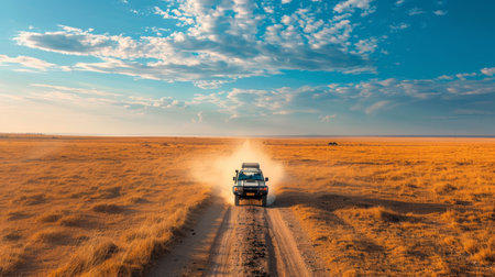 Exploring Vast Savannah Landscapes During Golden Hour in an Off Road Vehicle Across Open Terrain in the Wilderness. Generative AIの素材