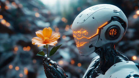Humanoid robot holding a flower in a serene environment promoting humanity and peaceの素材