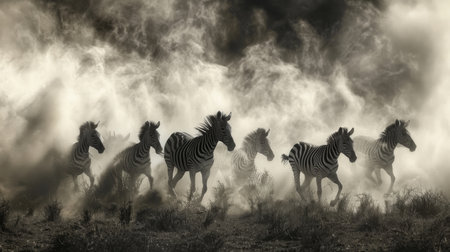 Zebras Run Through a Misty Landscape Under a Dramatic Sky at Dusk in an African Savanna. Generative AIの素材