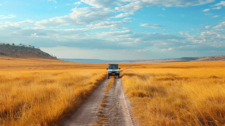 Vehicle Traverses a Dusty Trail in an Expansive Golden Grassland Under a Picturesque Sky in the Afternoon. Generative AIの素材