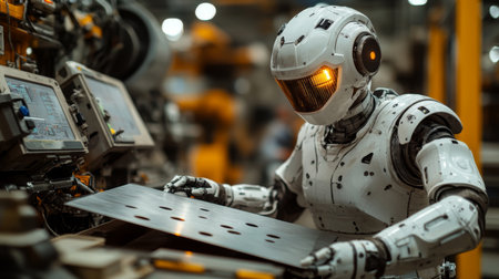 Advanced robotic automation enhancing efficiency in industrial production processes within a modern manufacturing facility. Generative AIの素材