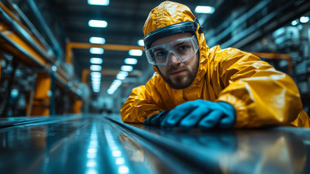 Skilled worker in protective gear focuses on machinery in an industrial factory setting during daytime operations. Generative AIの素材