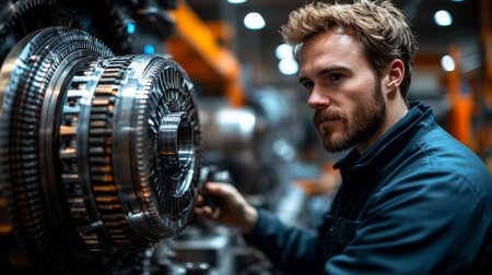 Skilled technician working on complex machinery in a modern manufacturing factory focused on automation and engineering. Generative AIの素材