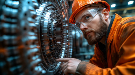 Skilled technician examines intricate machinery components in industrial workshop during routine maintenance check. Generative AIの素材