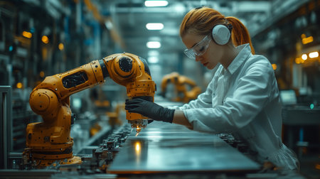 Factory automation in action as technician collaborates with robotic arm in modern manufacturing environment. Generative AIの素材