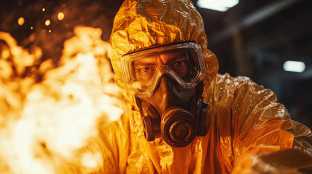 Worker in protective gear facing flames during industrial processing operation at a manufacturing facility. Generative AIの素材