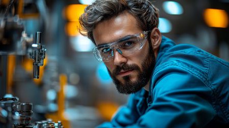 Skilled technician focused on precision engineering within a modern automated manufacturing facility. Generative AIの素材
