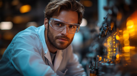 Expert engineer working on automated manufacturing equipment in a modern industrial workshop during evening hours. Generative AIの素材
