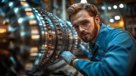 Expert technician working on advanced industrial machinery in a modern manufacturing facility during daytime operations. Generative AIの素材