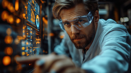 Engineering expert interacting with advanced automation control panel in modern factory setting. Generative AIの素材