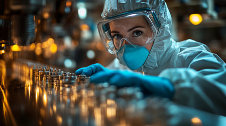 Worker in protective gear focusing on industrial equipment inside a manufacturing facility at night. Generative AIの素材