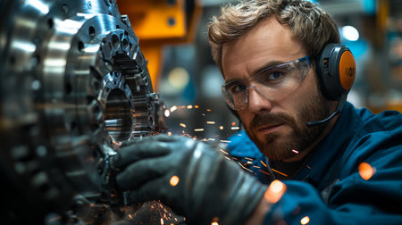Close-up view of an engineer working on precision machinery in a busy manufacturing workshop. Generative AIの素材