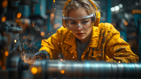 Worker focuses on precision in metalworking while sparks fly in an industrial workshop featuring automated equipment. Generative AIの素材
