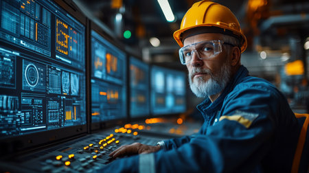 Experienced engineer monitors automated manufacturing process in modern facility with advanced control panels and equipment. Generative AIの素材