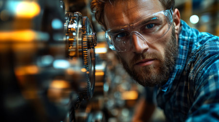 Worker focusing on precision machinery in an industrial automation factory setting during the day. Generative AIの素材