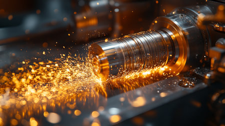 Manufacturing process with sparks during metal machining in an automated factory setting focusing on precision and efficiency. Generative AIの素材