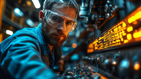 Skilled technician working on machinery in an industrial factory during evening hours with focus on automation equipment. Generative AIの素材