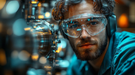 Focused technician inspects machinery in an industrial workspace emphasizing safety and precision in manufacturing processes. Generative AIの素材