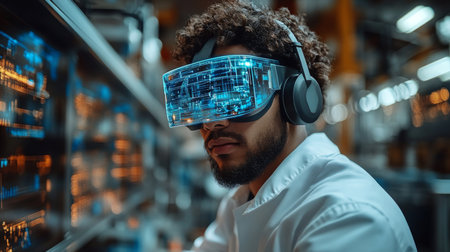 Professional using virtual reality headset for industrial automation training in a modern manufacturing facility. Generative AIの素材