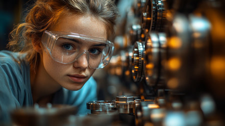Young woman working with industrial machinery in a high-tech workshop focused on automation and engineering processes. Generative AIの素材