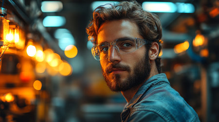 Skilled engineer working with advanced automation technology in a modern factory setting for efficient production. Generative AIの素材