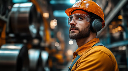 Skilled worker observing operations in a modern manufacturing facility during the day. Generative AIの素材