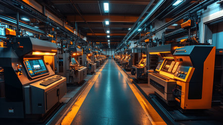 Advanced manufacturing workshop showcasing automated machinery and industrial equipment at night. Generative AIの素材